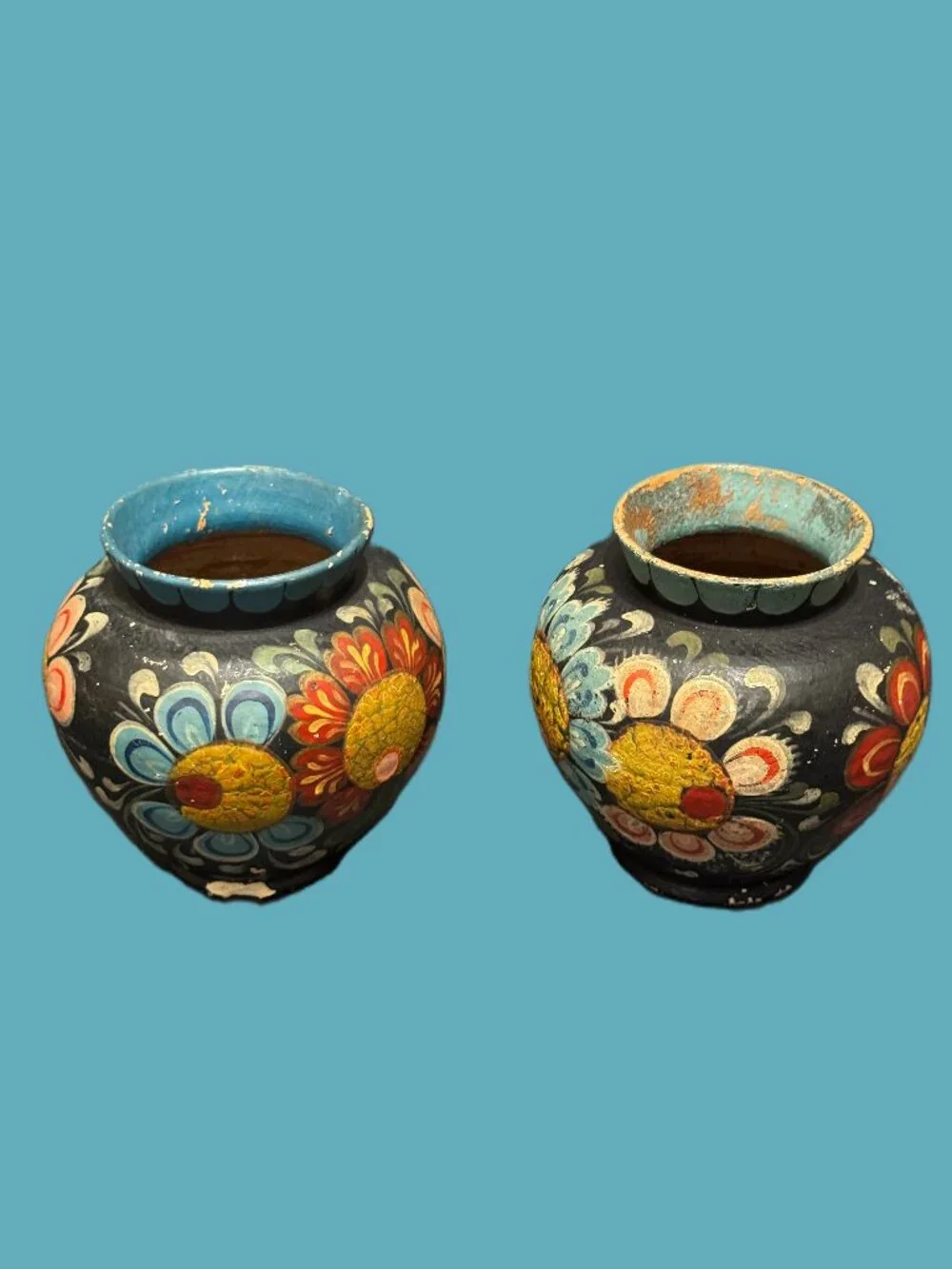 Vintage Folk Art Hand Painted Bohemian Ceramic Vase Pair, Multicolor Floral